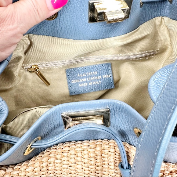 Unica Firenze NEW Italian Leather + Straw Bag Purse Sky Blue - Picture 11 of 16